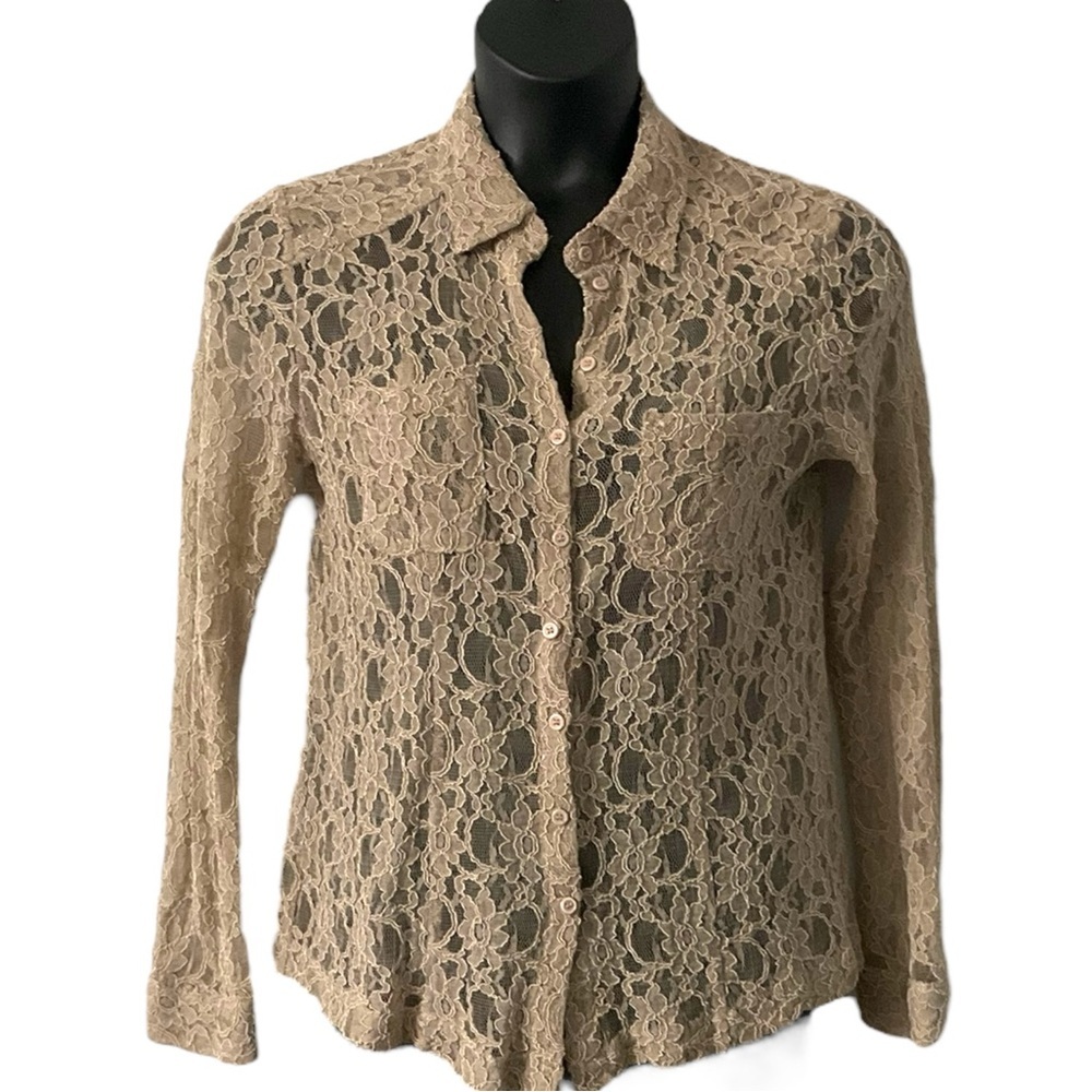 Nootropics Tan Beige Eyelet Lace Blouse SZ L‎ Women Long Sleeve  Feminine Sexy